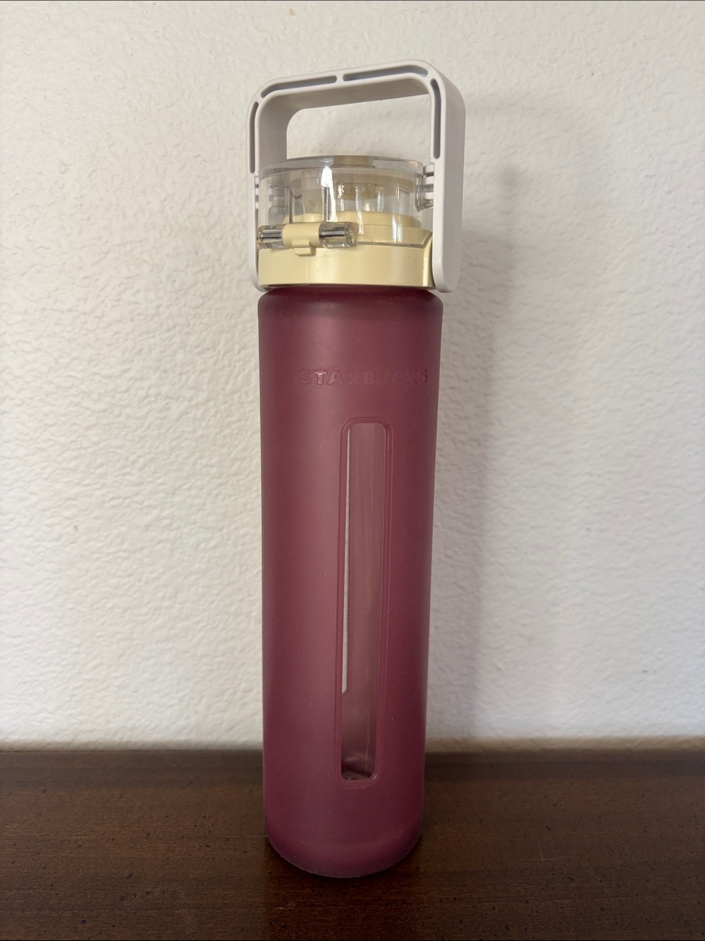 Starbucks Maroon Glass Water Bottle with Cream Lid and White Handle 16oz